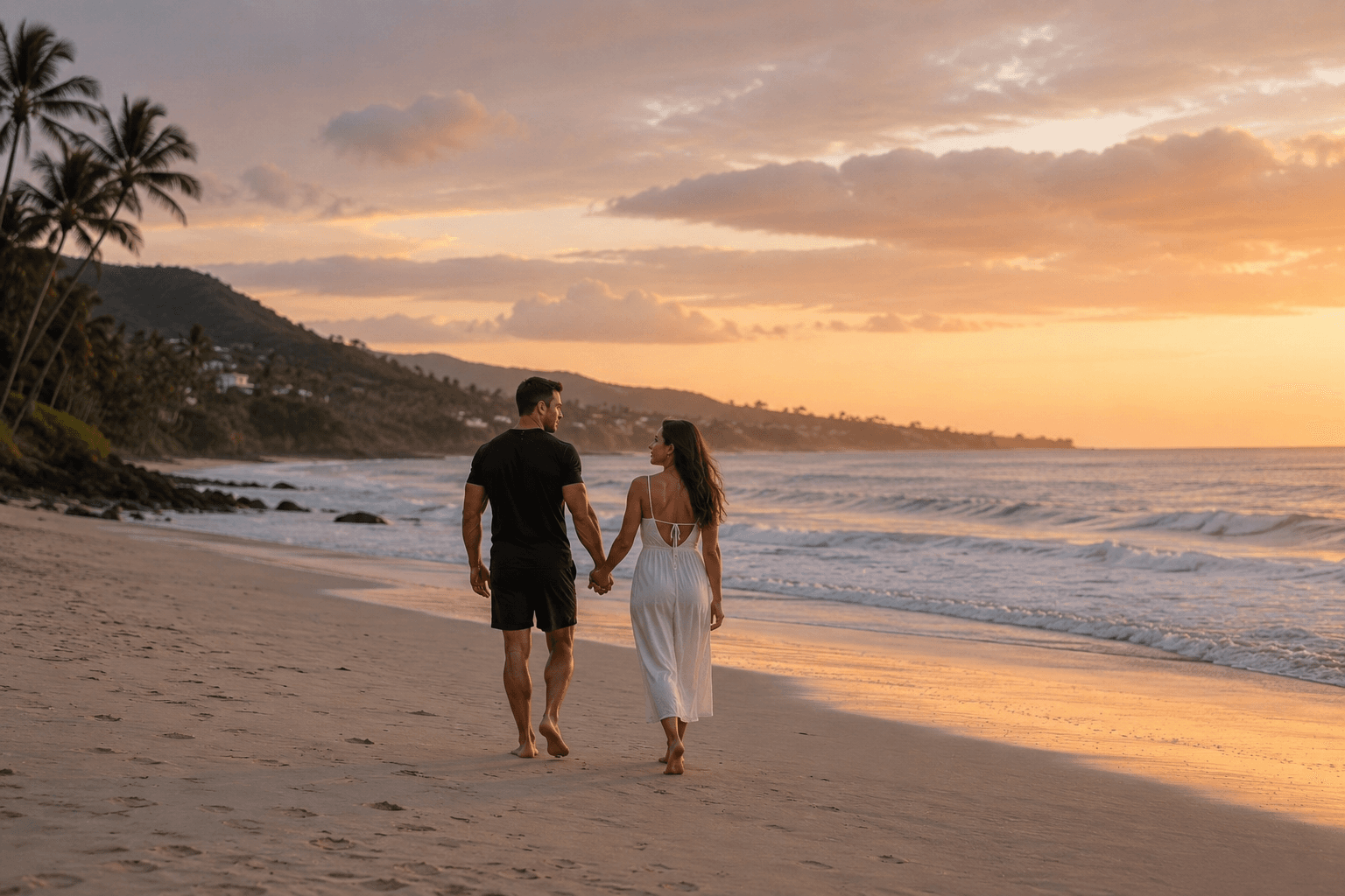 A man feeling energized and confident, walking on the beach with his wife